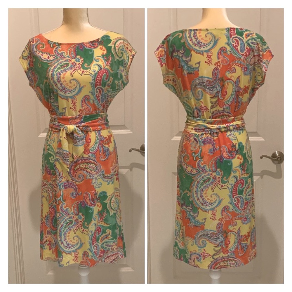 LAUREN Bright Paisley Boat Neck Cap Sleeve Shift M